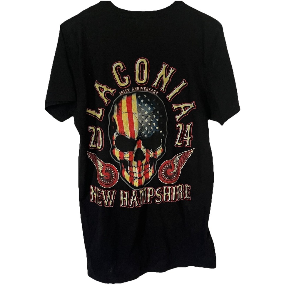 Laconia New Hampshire Motorcycle T-Shirt Medium Black American Flag Skull - Picture 3 of 6